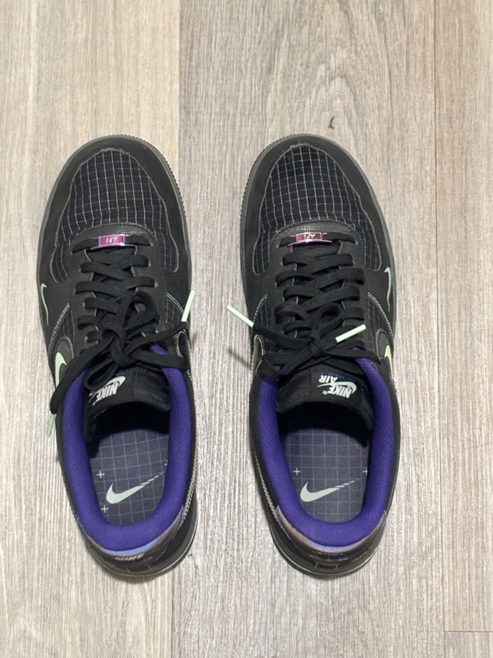 Nike Air Black Sneaker with Lime Green Swoosh and Purple Lining - Picture 2 of 8